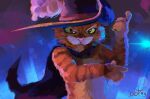  1boy arms_up artist_name black_cape cape cat_boy cavalier_hat closed_mouth green_eyes hat_feather highres oop4g orange_cat orange_fur puss_in_boots puss_in_boots:_the_last_wish puss_in_boots_(shrek) signature smile solo_focus 
