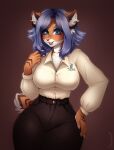  anthro artist_name biped black_bottomwear black_clothing black_pants blue_eyes blue_hair blush bottomwear breasts claws clothed clothing countershade_face countershade_fur countershade_torso countershading digital_media_(artwork) felid female finger_claws front_view fully_clothed fur hair hand_on_leg hand_on_own_leg hand_on_own_thigh hand_on_thigh hi_res long_sleeves looking_at_viewer mammal markings mitzi_(onomari) onomari orange_body orange_fur pantherine pants shaded shirt simple_background solo striped_markings stripes tail tiger topwear white_body white_clothing white_fur white_shirt white_topwear 