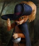  1boy animal_nose arm_up black_cape cape cat_boy cavalier_hat closed_mouth feathers furry furry_male green_eyes hat hat_feather highres holding holding_sword holding_weapon looking_at_viewer male_focus orange_cat orange_fur puss_in_boots puss_in_boots:_the_last_wish puss_in_boots_(shrek) shuploc solo standing sword weapon yellow_feathers 