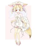  1girl alternate_costume animal_ears bare_shoulders blonde_hair blush bridal_veil commentary_request dress elbow_gloves fennec_(kemono_friends) flower fox_ears fox_girl fox_tail fur_trim gloves hair_flower hair_ornament jewelry kemono_friends megumi_222 necklace pearl_necklace pencil_dress short_hair sleeveless solo tail thighhighs veil wedding_dress white_dress white_fur yellow_eyes yellow_gloves yellow_thighhighs zettai_ryouiki 