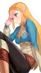  black_leggings blonde_hair blue_shirt braid brown_footwear green322 green_eyes hair_ornament hairclip highres leggings long_hair pointy_ears princess_zelda shirt simple_background the_legend_of_zelda the_legend_of_zelda:_breath_of_the_wild white_background 