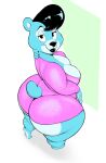  2023 anthro barefoot bear big_breasts big_butt black_hair blue_body blue_fur breasts butt feet female fur hair hi_res huge_butt lipstick looking_at_viewer looking_back makeup mammal simple_background smile smiling_at_viewer soles solo thick_thighs usnarbit wide_hips 