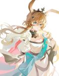  1girl absurdres ambience_synesthesia amiya_(arknights) animal_ear_fluff animal_ears aqua_ribbon arknights black_collar blue_eyes blush bow brown_hair cape chinese_commentary collar commentary_request crown dress floating_hair fur-trimmed_cape fur_trim hair_between_eyes hair_ornament hand_up highres jewelry juweibingbang long_hair looking_at_viewer multiple_rings off-shoulder_dress off_shoulder parted_lips puffy_sleeves rabbit_ears red_cape ribbon ring single_bare_shoulder solo star_(symbol) star_hair_ornament upper_body white_bow white_dress 