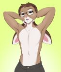  anthro bottomwear brown_hair buckteeth clothed clothing digital_media_(artwork) eyebrows eyewear glasses gradient_background green_background hair half-length_portrait hi_res lagomorph leporid long_ears looking_at_viewer male mammal navel open_mouth pants pink_inner_ear pink_nose portrait rabbit raised_arms shaded simple_background solo standing teeth topless v3nusbby 