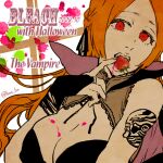  1girl black_ribbon bleach boo_br breasts bridal_gauntlets cleavage copyright_name english_text fangs food fruit hair_ribbon halloween inoue_orihime lips long_hair looking_at_viewer orange_hair red_eyes ribbon solo strawberry tattoo upper_body vampire 