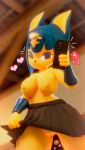  &lt;3 absurd_res animal_crossing ankha_(animal_crossing) anthro blinking blue_eyes blue_hair bottomwear breasts clothed clothing felid feline female fur genitals hair hi_res mammal nintendo phone pussy raised_bottomwear raised_clothing raised_skirt skirt solo teemoty yellow_body yellow_fur 