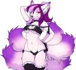  2018 alpha_channel anthro biped black_bra black_clothing black_gloves black_handwear black_legwear black_panties black_underwear blue_eyes bra breasts canid canine cat_lingerie cleavage clothed clothing digital_media_(artwork) female fox fur gloves hair hand_behind_head hand_on_hip handwear heterochromia legwear lingerie looking_at_viewer mammal multi_tail multicolored_hair panties portrait purple_body purple_fur purple_hair purple_tail_tip red_eyes shaded simple_background solo standing tail three-quarter_portrait transparent_background two_tone_hair underwear white_body white_fur zyira 