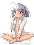  1girl bare_legs commentary_request flat_chest grey_hair hair_ribbon indian_style kantai_collection looking_at_viewer naked_shirt one-hour_drawing_challenge ooshio_(kancolle) ray.s ribbon shirt short_hair short_twintails simple_background sitting solo twintails twitter_username white_background 