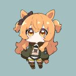  1girl animal_ears bangs black_ribbon blush brown_eyes brown_footwear brown_thighhighs chibi closed_mouth coffee_cup commentary cup disposable_cup ear_ribbon full_body fur-trimmed_jacket fur_trim green_jacket grey_background hair_between_eyes highres holding holding_cup horse_ears horse_girl horse_tail jacket jacket_on_shoulders long_sleeves looking_at_viewer mayano_top_gun_(umamusume) nozo_(hitomiz) open_clothes open_jacket orange_hair puffy_long_sleeves puffy_sleeves ribbon shirt shoes short_shorts shorts solo standing symbol-only_commentary tail thighhighs two_side_up umamusume white_shorts yellow_shirt 
