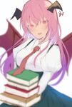  8901maru blurry blurry_background book demon_girl demon_wings heads_wings highres holding holding_book juliet_sleeves koakuma long_hair long_sleeves puffy_sleeves red_hair red_tie signature touhou white_background white_shair wings 