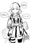  1girl alternate_language armband artist_name bandana berezovich_kryuger_(girls&#039;_frontline) brand_name_imitation bucket_of_chicken dated english_commentary english_text food girls&#039;_frontline headset holding holding_food jacket kfc logo_parody looking_at_viewer madcore monochrome parted_lips scw_(girls&#039;_frontline) short_hair simple_background solo tactical_clothes thigh_pouch white_background 