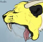  ambiguous_gender big_fangs black_ears blue_background bodily_fluids drooling eyes_closed felid feral forked_tongue fur grey_horn horn mammal open_mouth red_tongue roobin saliva side_view signature simple_background solo tongue white_body white_fur yawn yellow_body yellow_fur 