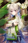  1girl apron arknights bottle bun_cover cowboy_shot double_bun flower gloves green_gloves grey_hair hair_bun highres holding holding_bottle holding_flower_pot krau_rr long_hair mulberry_(arknights) mulberry_(plant_crude_drug)_(arknights) plant potted_plant purple_eyes scissors shirt short_sleeves single_glove solo spray_bottle white_apron white_flower white_shirt 