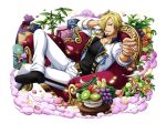  1boy black_footwear blonde_hair cigarette crossed_legs facial_hair flower food fruit grapes hair_over_one_eye holding holding_cigarette kiwi_(fruit) medium_hair military_jacket one_piece one_piece_treasure_cruise pants plant sanji_(one_piece) shoes smoking white_pants 