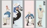  1boy animal_on_head animal_on_lap animalization black_socks blonde_hair blue_shirt brown_footwear cat cat_on_head cat_on_lap chair closed_eyes collared_shirt cup dog formal full_body fushiguro_megumi goggles gojou_satoru grey_suit guttia hat holding holding_cup ino_takuma itadori_yuuji jujutsu_kaisen leash light_smile long_sleeves lying male_focus nanami_kento on_head on_lap pants shirt short_hair sitting sleeping socks solo standing steam stool suit sunglasses tiger tiger_cub undercut 