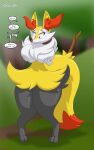  after_transformation anthro big_breasts black_body black_fur braixen breasts colored dialogue english_text eyelashes female forest forest_background fur gender_transformation generation_6_pokemon hi_res holding_breast huge_breasts huge_thighs mtf_transformation nature nature_background nintendo orange_body orange_fur plant pokemon pokemon_(species) red_body runningtoaster solo solo_focus species_transformation speech_bubble standing stick tail text thick_thighs transformation tree white_body white_fur worried_look yellow_body yellow_fur 