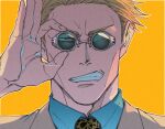  1boy adjusting_goggles amuro_tooru animal_print blonde_hair blue_shirt brown_eyes collared_shirt formal goggles grey_suit jujutsu_kaisen leopard_print long_sleeves looking_at_viewer mineco000 nanami_kento necktie orange_background portrait shirt short_hair solo suit teeth yellow_necktie 