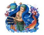  1boy air_bubble blue_coat bubble coat coral earrings fish green_hair green_pants jewelry katana looking_at_viewer multiple_weapons official_art one_eye_closed one_piece one_piece_treasure_cruise pants roronoa_zoro scar scar_across_eye scar_on_chest scar_on_face short_hair sword weapon 