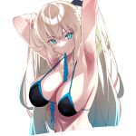  1girl armpits arms_behind_head arms_up bangs bare_shoulders bikini black_bikini black_bow blue_eyes bow braid breasts cleavage collarbone fate/grand_order fate_(series) french_braid grey_hair hair_bow highres large_breasts long_hair looking_at_viewer morgan_le_fay_(fate) navel ponytail sanazura_hiroyuki sidelocks swimsuit very_long_hair 