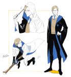  1boy black_robe blonde_hair blue_necktie broom broom_riding brown_cardigan cardigan collared_shirt frown full_body hand_on_hip harry_potter_(series) hogwarts_school_uniform holding holding_wand hood hooded_robe hoodie jujutsu_kaisen long_sleeves looking_at_viewer male_focus mineco000 nanami_kento necktie ravenclaw robe school_uniform shirt short_hair solo standing striped_necktie upper_body wand white_shirt 