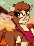  2018 2_horns angry arizona_cow_(tfh) bandanna bovid bovid_horn bovine brown_body brown_fur brown_hair cattle clenched_teeth digital_drawing_(artwork) digital_media_(artwork) eyelashes female feral frown fur green_eyes hair half-length_portrait hereford_cattle hi_res horn kerchief looking_at_viewer mammal multicolored_body multicolored_fur neckerchief pink_inner_ear pink_nose portrait quadruped red_bandanna red_kerchief red_neckerchief shadowreindeer signature solo tail tan_body tan_fur teeth them&#039;s_fightin&#039;_herds tuft two_tone_body two_tone_face two_tone_fur 