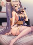  1girl absurdres armband armpits azur_lane bangs bare_arms bare_hips bare_shoulders bedroom bell blue_eyes blush breasts chinese_clothes covering_mouth dress grey_hair hair_between_eyes hair_ornament hair_through_headwear hand_fan highres intrepid_(azur_lane) jewelry large_breasts long_hair on_bed ring shy strap striped striped_dress thigh_strap thighhighs thighs twintails two_side_up waistband wedding_photo wedding_ring white_thighhighs yuni_miii 