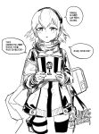  1girl armband artist_name bandana berezovich_kryuger_(girls&#039;_frontline) brand_name_imitation bucket_of_chicken commentary_request dated food girls&#039;_frontline headset holding holding_food jacket kfc korean_commentary korean_text logo_parody looking_at_viewer madcore monochrome parted_lips scw_(girls&#039;_frontline) short_hair simple_background solo tactical_clothes thigh_pouch translation_request white_background 