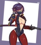  1girl armor black_leotard border breasts commission gauntlets green_eyes highres holding holding_sword holding_weapon jacket katana leotard long_sleeves looking_at_viewer mask mole mole_on_breast mouth_mask ninja ninja_mask nisetanaka open_leotard original pauldrons purple_border purple_hair red_jacket red_thighhighs scar scar_on_face sheath sheathed short_hair shoulder_armor sword thighhighs v weapon white_background 