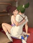  2girls 3d_background after_kiss arm_around_back asian blurry blurry_background bodysuit bow breasts brown_hair commentary convenient_arm d.va_(overwatch) facial_mark green_hair grey_socks hair_bow high_ponytail highres kiriko_(overwatch) knee_pads medium_hair multiple_girls no_shoes on_bed overwatch overwatch_2 partially_undressed saliva saliva_trail short_hair sitting sitting_on_lap sitting_on_person small_breasts socks straddling sweat symbol-only_commentary teecee_zhang thighs topless underboob undressing_another upright_straddle whisker_markings white_bow 