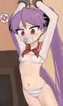  1girl absurdres anger_vein arms_up bangs bdsm blush bondage bound bound_wrists bra breasts chain chained chained_wrists clothes_lift cuffs dialogue_box gag handcuffs highres hiiragi_kagami improvised_gag looking_down lucky_star navel no_pants non-web_source panties purple_eyes purple_hair restrained shackles shirt shirt_lift small_breasts solo standing striped striped_panties talesofkousoku tape tape_gag tearing_up television thighs underwear white_bra white_panties 