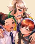  1boy 2girls :d ;d absurdres arven_(pokemon) asada_sadao bangs blush brown_eyes collared_shirt commentary_request eyelashes glasses green_eyes green_hair hair_over_one_eye highres hood hoodie looking_at_viewer lower_teeth_only multiple_girls necktie nemona_(pokemon) one_eye_closed open_mouth penny_(pokemon) pokemon pokemon_(game) pokemon_sv ponytail red_hair round_eyewear shirt smile sweatdrop teeth tongue vest white_shirt yellow_vest 