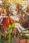  1girl :d animal_ears arrow_(projectile) blush bow copyright_request grey_hair hair_ornament highres holding holding_arrow japanese_clothes kimono krau_rr long_sleeves looking_at_viewer open_mouth rabbit_ears rabbit_girl red_eyes red_kimono smile solo tassel wide_sleeves 