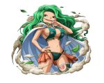  1girl bikini boa_sandersonia breasts cape green_bikini green_eyes green_hair hand_on_hip hand_to_own_mouth large_breasts leaf long_hair navel official_art one_piece one_piece_treasure_cruise open_mouth swimsuit teeth upper_teeth_only 