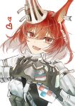  1girl animal_ears arknights armor black_gloves clothing_request commentary ear_tag flametail_(arknights) gloves heart heart_hands highres jiru_(6pp_ab) looking_at_viewer open_mouth red_eyes red_hair short_hair simple_background smile solo tagme upper_body white_background 