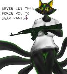  anthro azorian black_body canid canine dialogue donklord female fox genitals glowing glowing_genitalia glowing_pussy green_eyes gun hybrid looking_at_viewer mammal meme pantsless pats_(patrina_erubus) pussy ranged_weapon solo speech_bubble weapon 