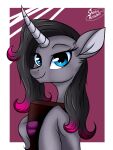  2018 black_hair blue_eyes book border cloven_hooves digital_drawing_(artwork) digital_media_(artwork) equid equine female feral fur grey_body grey_fur hair half-length_portrait hi_res highlights_(coloring) holding_book holding_object hooves horn looking_at_viewer mammal oleander_(tfh) pink_highlights portrait purple_hooves shadowreindeer signature smile solo them&#039;s_fightin&#039;_herds unicorn white_border 