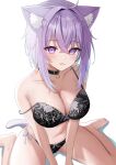  1girl :3 @_@ absurdres ahoge animal_ear_fluff animal_ears bangs bare_shoulders blush bra breasts c1p122 cat_ears cat_girl cat_tail cleavage collar collarbone crossed_bangs hair_between_eyes highres hololive lace-trimmed_bra lace-trimmed_panties lace_trim nekomata_okayu panties purple_eyes purple_hair short_hair side-tie_panties sitting smile solo sweat tail thighs underwear virtual_youtuber wariza white_background 