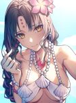  1girl bangs bikini black_hair blue_sky bracelet braid breasts chest_tattoo closed_mouth commentary day earrings facial_mark fate/grand_order fate_(series) finger_heart flower forehead_mark forehead_tattoo hair_flower hair_ornament hand_up highres jewelry large_breasts light_blush long_hair looking_at_viewer multicolored_hair necklace outdoors parted_bangs pearl_bracelet pearl_earrings pearl_necklace pink_flower pink_hair seashell sesshouin_kiara sesshouin_kiara_(swimsuit_mooncancer) sesshouin_kiara_(swimsuit_mooncancer)_(first_ascension) shell shell_necklace sky solo streaked_hair swimsuit symbol-only_commentary tattoo twin_braids upper_body white_bikini yangsan_(2991076090) yellow_eyes 
