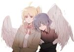  2girls ahoge angel_wings black_shirt blonde_hair blue_hair bocchi_the_rock! braid canis428 closed_eyes collared_shirt dress_shirt expressionless feathered_wings hair_ornament hairclip hand_on_own_arm head_on_another&#039;s_shoulder highres hood hoodie ijichi_nijika mole mole_under_eye multiple_girls open_clothes open_hoodie shirt short_hair side_ponytail sidelocks sleeping sleeping_on_person wavy_hair white_shirt wing_grab wings yamada_ryou yuri 