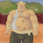  2023 anthro blood bodily_fluids bottomwear clothing geld_(that_time_i_got_reincarnated_as_a_slime) hi_res male mammal musclegut outside overweight overweight_male pants poki_eida scar solo suid suina sus_(pig) that_time_i_got_reincarnated_as_a_slime wild_boar 