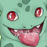  1:1 ambiguous_gender bodily_fluids bulbasaur fangs front_view generation_1_pokemon green_background green_body nintendo pokemon pokemon_(species) pupils red_eyes red_tongue roobin saliva saliva_on_tongue saliva_string simple_background solo teeth tongue tongue_out uvula white_pupils 