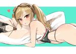  1girl absurdres ass azur_lane bangs blonde_hair blush breast_zipper crotch_zipper dakimakura_(object) goggles goggles_on_head groin heart highleg highleg_panties highres kaki_z3 leonardo_da_vinci_(azur_lane) looking_at_viewer lying multicolored_eyes navel object_hug off_shoulder orange_eyes panties pillow pillow_hug smile solo swept_bangs thighs twintails underwear zipper zipper_pull_tab 