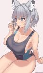  1girl adjusting_hair animal_ear_fluff animal_ears aqua_eyes arm_support blue_archive breasts cat_ears cleavage competition_swimsuit grey_hair highres kanachirou large_breasts looking_away one-piece_swimsuit ponytail shiroko_(blue_archive) shiroko_(swimsuit)_(blue_archive) simple_background sitting slit_pupils solo swimsuit thick_thighs thighs twitter_username white_background 