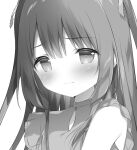  1girl bangs blush closed_mouth commentary_request dress greyscale hair_between_eyes hair_ribbon long_hair looking_at_viewer monochrome original ribbon shiratama_(shiratamaco) simple_background sleeveless sleeveless_dress solo unfinished upper_body wavy_mouth white_background 