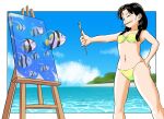  1girl bikini black_hair blue_eyes blue_sky breasts canvas_(object) cloud commentary_request easel fish green_bandeau green_bikini hand_on_hip highres holding holding_paintbrush low_twintails mouth_hold ocean one_eye_closed original paintbrush painting_(object) pink_mousse sky small_breasts solo strapless strapless_bikini swimsuit twintails 