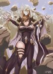  1girl animal_ears breasts brown_hair closed_eyes detached_sleeves feet_out_of_frame frills galleon_(granblue_fantasy) gloves granblue_fantasy horns hybridmink large_breasts long_hair multicolored_hair outstretched_arms pelvic_curtain pointy_ears skindentation streaked_hair thigh_strap thighs very_long_hair white_gloves 