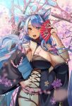  1girl animal_ear_fluff animal_ears bangs black_kimono blue_eyes blue_hair blue_sky breasts cherry_blossoms cleavage cleavage_cutout clothing_cutout flower hair_flower hair_ornament hand_fan hand_on_hip highres hip_vent holding holding_fan japanese_clothes kimono long_hair looking_at_viewer multicolored_hair nail_polish navel_cutout open_mouth paper_fan pink_flower pink_hair pink_nails silvervale sky streaked_hair swept_bangs tree valfer virtual_youtuber vshojo wolf_ears wolf_girl 
