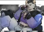  anthro arknights belt black_hair claws clothed clothing ear_piercing eyebrow_piercing facial_piercing fingerless_gloves fully_clothed fur gloves grey_body grey_fur hair handwear headphones hi_res hyena hypergryph looking_at_viewer male mammal piercing sitting solo spot_(arknights) spotted_hyena studio_montagne swkrqgefvm4pims uniform 