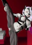  anthro bdsm breasts canid canine canis clothing collar female greisoul helluva_boss hi_res holding_breast holding_leg legwear loona_(helluva_boss) mammal muscular muscular_female muscular_thighs pantyhose rubber rubber_clothing rubber_suit solo standing torn_clothing wolf 