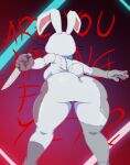  2023 anthro bigdon1992 buckteeth butt clothing collar costume digital_media_(artwork) female five_nights_at_freddy&#039;s five_nights_at_freddy&#039;s:_security_breach hi_res invader_zim knife lagomorph leporid long_ears mammal nickelodeon nintendo nintendo_switch open_mouth patch_(fabric) patreon rabbit rear_view red_eyes scottgames scream_(films) seam_(sewing) short_tail smile solo stitch_(sewing) tail teeth vanny_(fnaf) whiskers white_body 